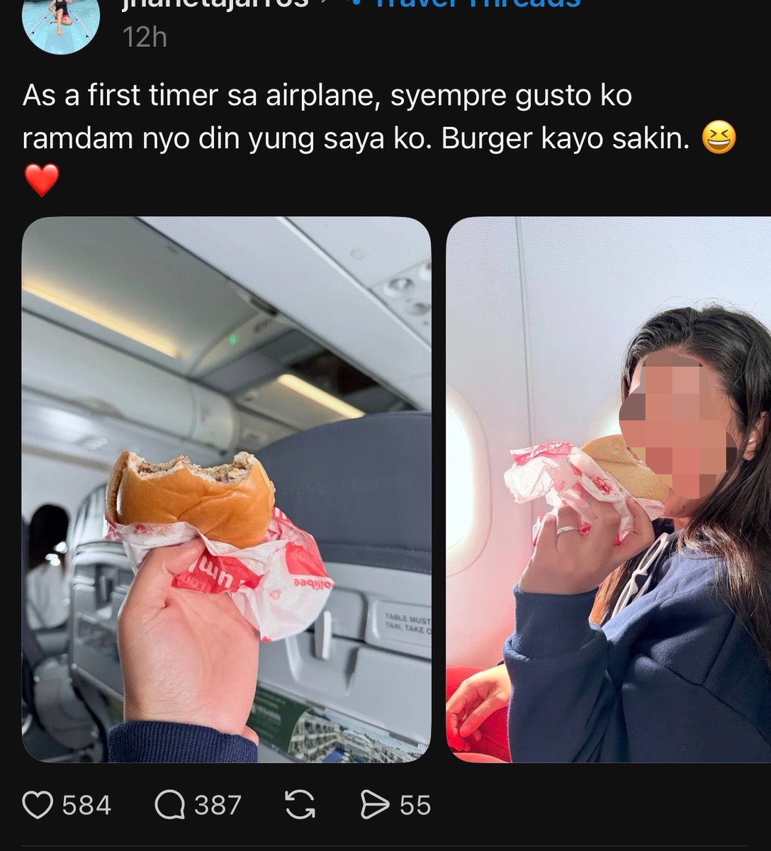 PaddyPOV's tweet photo. Saw this and genuinely wondered what’s the fascination with eating a Jollibee Yumburger inside the plane? 😭 I mean, it’s not like bawal naman, and I get it - comfort food and all, but Yumburger has such a strong smell 😭 Personally, I don’t think I’d want that smell lingering around me inside a plane. Nababauhan ako. What are your thoughts on this?