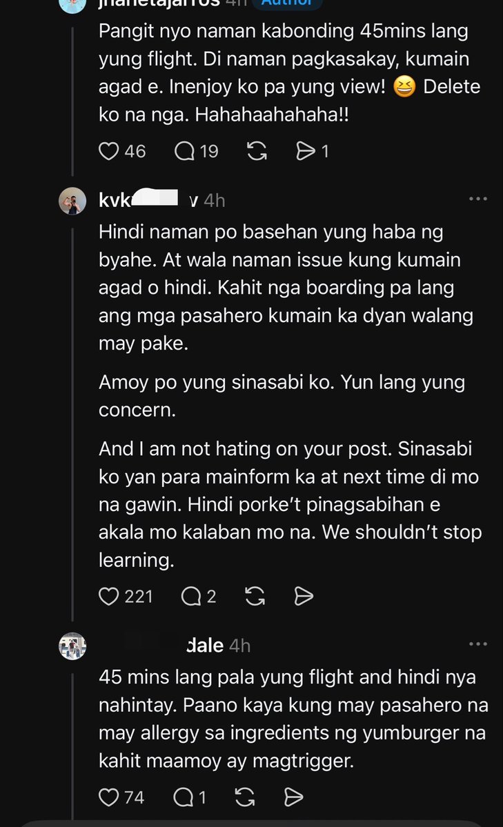 PaddyPOV's tweet photo. Saw this and genuinely wondered what’s the fascination with eating a Jollibee Yumburger inside the plane? 😭 I mean, it’s not like bawal naman, and I get it - comfort food and all, but Yumburger has such a strong smell 😭 Personally, I don’t think I’d want that smell lingering around me inside a plane. Nababauhan ako. What are your thoughts on this?