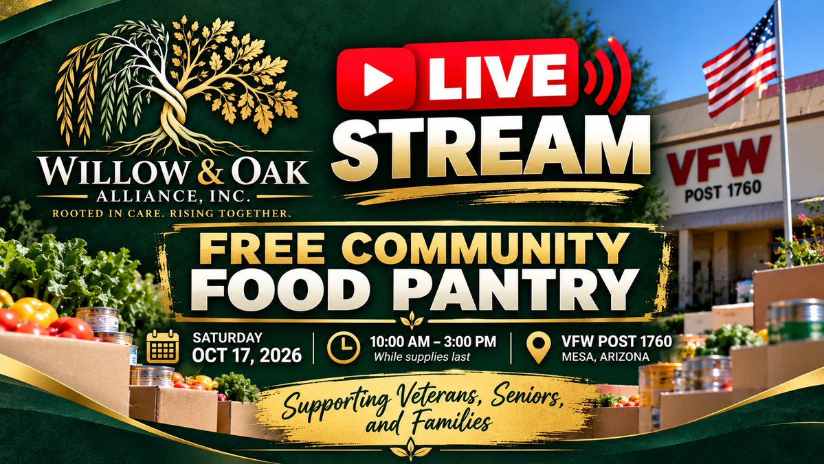 willowoakallian's tweet photo. 🌳 Willow &amp; Oak Alliance, Inc.
Rooted in care. Rising together.
#WillowAndOakAlliance #FreeCommunityFoodPantry #MesaAZ #Veterans #Seniors #CommunitySupport #FoodInsecurity #Arizona #Livestream
4/4 https://t.co/tX2YQRnJMD