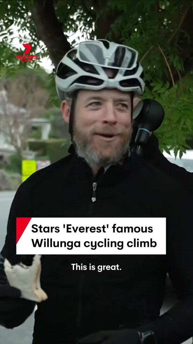 A 7 News segment featuring a bearded man wearing a cycling helmet, with text reading 'Stars 'Everest' famous Willunga cycling climb' and a caption 'This is great.'