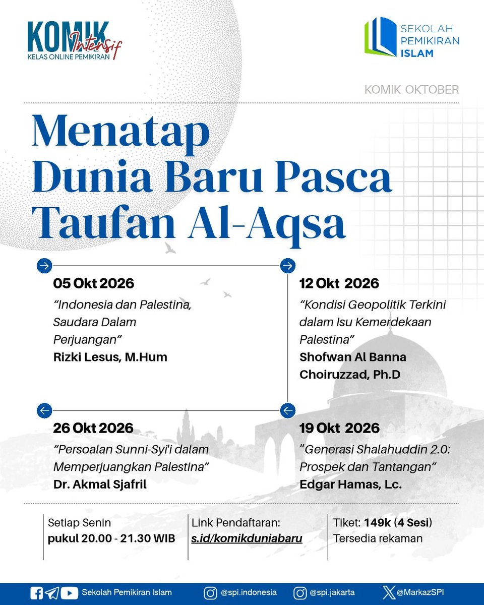 malakmalakmal's tweet photo. Kelas Online Pemikiran (#KOMIK) Intensif edisi Oktober 2026 ini, yang akan dibahas adalah wajah dunia yang berubah pasca Taufan al-Aqsha. Dimulai dari Indonesia, dengan bangkitnya kesadaran untuk menengok sejarah hubungan Indonesia-Palestina. https://t.co/mUv40bs9cP