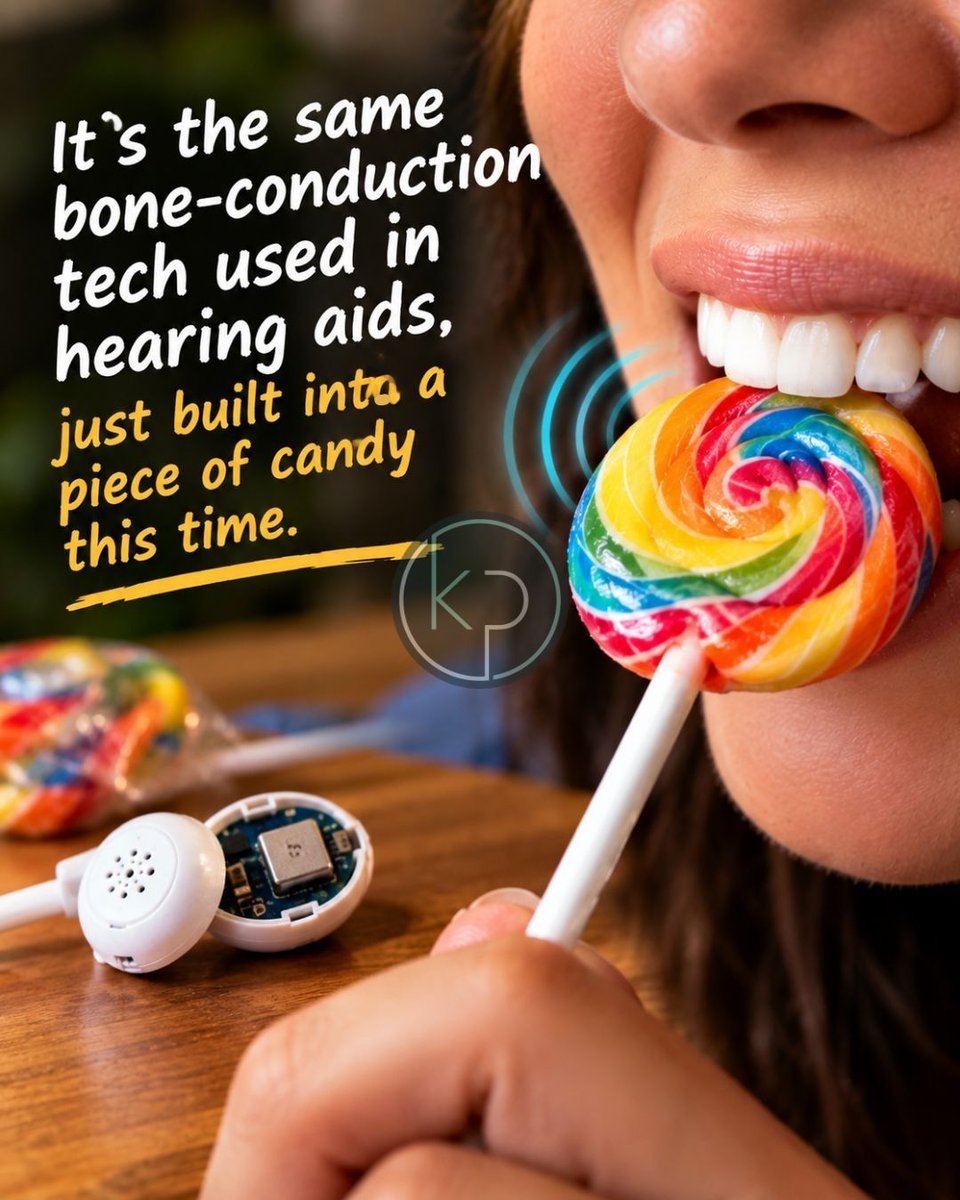 forty4audio's tweet photo. Does a lollipop that plays music through your jaw actually work? Yes, and it's real, not a CES gimmick concept. Bite down and the vibrations hit your inner ear straight through your teeth. No earbuds involved at all. 
 
🔗 https://t.co/XYVpw3EIqG https://t.co/ALZkc939AK