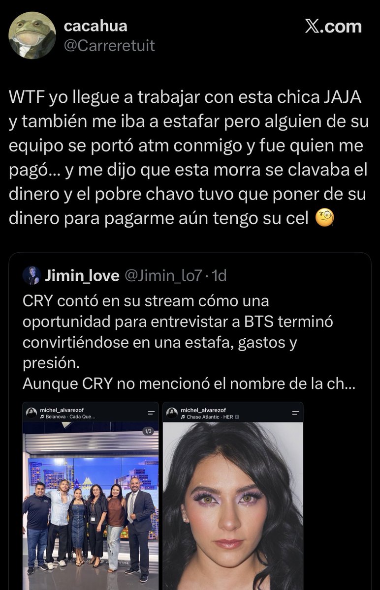 Jimin_lo7's tweet photo. NUEVA ACTUALIZACIÓN: Al parecer Cry y Aldo no son las únicas víctimas de Michell, hay más personas a las cuales las a estafado. Además buscando más información, di con su complice con la que supuestamente tiene la agencia de RP. por que es toda una red. pronto la público. https://t.co/ZgAiASXQRE