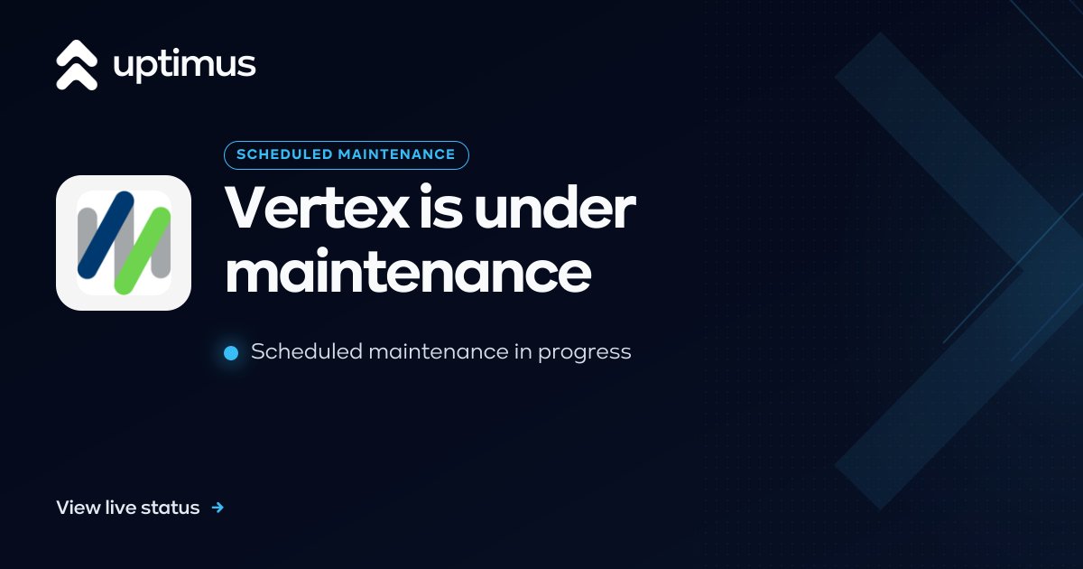 UptimusApp's tweet photo. Maintenance started 04:00 UTC — Vertex reports that Emergency Maintenance in Vertex Express Returns is now in progress. Scheduled end: Oct 5, 2026 at 06:00 UTC. Affected: Vertex Express Returns.
#Vertex #ServiceStatus https://t.co/gZ7k2e45Ln