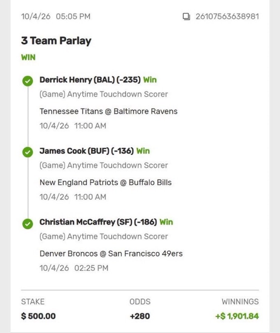 ParlayQweenn's tweet photo. ANYTIME TD WINNER💰

Derrick Henry✅
James Cook ✅
CMC ✅

🍀💯JOIN THE WINNING TEAM ON DISCORD 

https://t.co/Irem6Nn5rn

#NBA 🏀 | #WNBA | #CBB 🏀 |  #PrizePicks 🔐 | #PROPS | #POTD 📋 | #Picks | #MLB ⚾ | #Gambling𝕏 | #Parlay 
#Sportsbetting #NFL   
#DraftKings https://t.co/cweU7E20ny