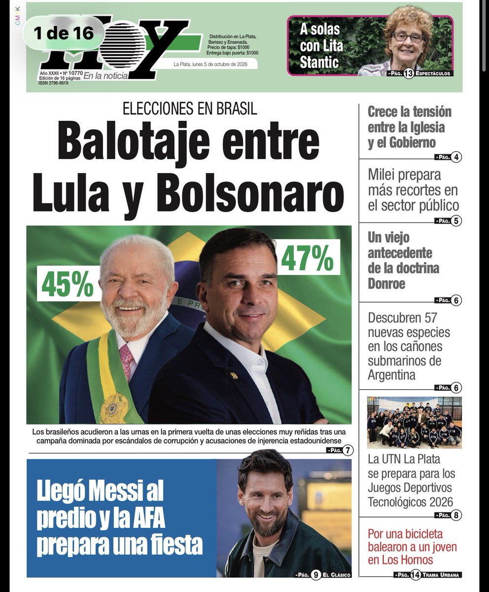 RED92cadadiamas's tweet photo. 🇦🇷🗞️☀️ #LaPlata | #TodoLoDemásEsVerso | https://t.co/LKOyf06Zxq | #HOYenLaNoticia
▶️📷✅La tapa del Diario #HOY de #LaPlata del LUNES 5  de OCTUBRE de 2026

📣 #VersionPDF 

https://t.co/OgF98NSvEl

📢#VersiónInteractiva 
https://t.co/qwHVzsy7xX… https://t.co/3VVTdVv5od