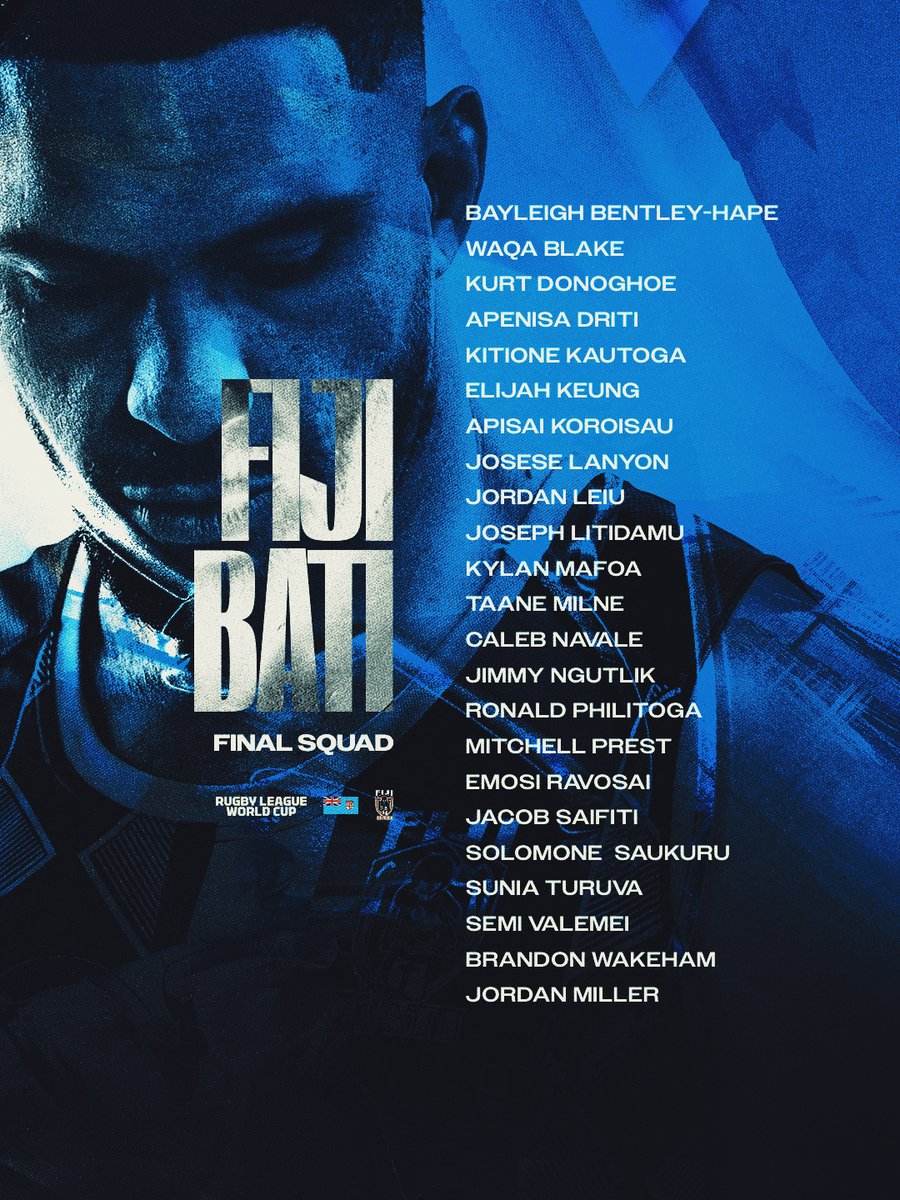 rugbyleaguewcup's tweet photo. The Fiji Bati have locked in their IRL Rugby League World Cup squad 🇫🇯

They begin their campaign on October 18 in Newcastle against the Cook Islands 🌴

Tickets on SALE NOW 🎟️ https://t.co/sDf1ShxxG2