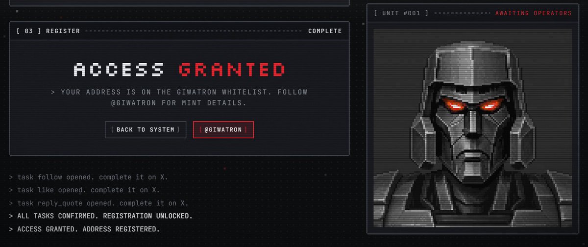 TusharHQ's tweet photo. New GIWA Chain WL to check GIWATRON UNIT_02

@Giwatron is keeping the project details pretty system-focused for now, but the WL application is live and tasks are active.

Apply: https://t.co/BgtAkADXw2

• Register
• Complete the available tasks
• Submit your X username
• Add your EVM wallet address

If you’re farming GIWA Chain opportunities, this is worth adding to the list.