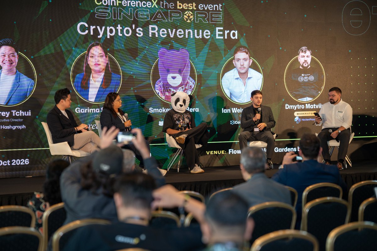 CoinFerenceX's tweet photo. That’s a wrap on Panel 01! 🎙️  

A huge thank you to our speakers for an incredible session on the Main Stage discussing Crypto's Revenue Era and building businesses that actually make money:  
•@jtchui_abroad | Executive Director, @hashgraph
•@SmokeyTheBera | Co-Founder, @berachain
•@garima_singh10 | CTO, @hellorealx
•@ianweisberger | CEO, @coinroutes
•@DmytroMatviiv | CEO, @HackenProof

Stay tuned for more live highlights from Gardens by the Bay! 🇸🇬  

#CoinFerenceX #TheBestEvent