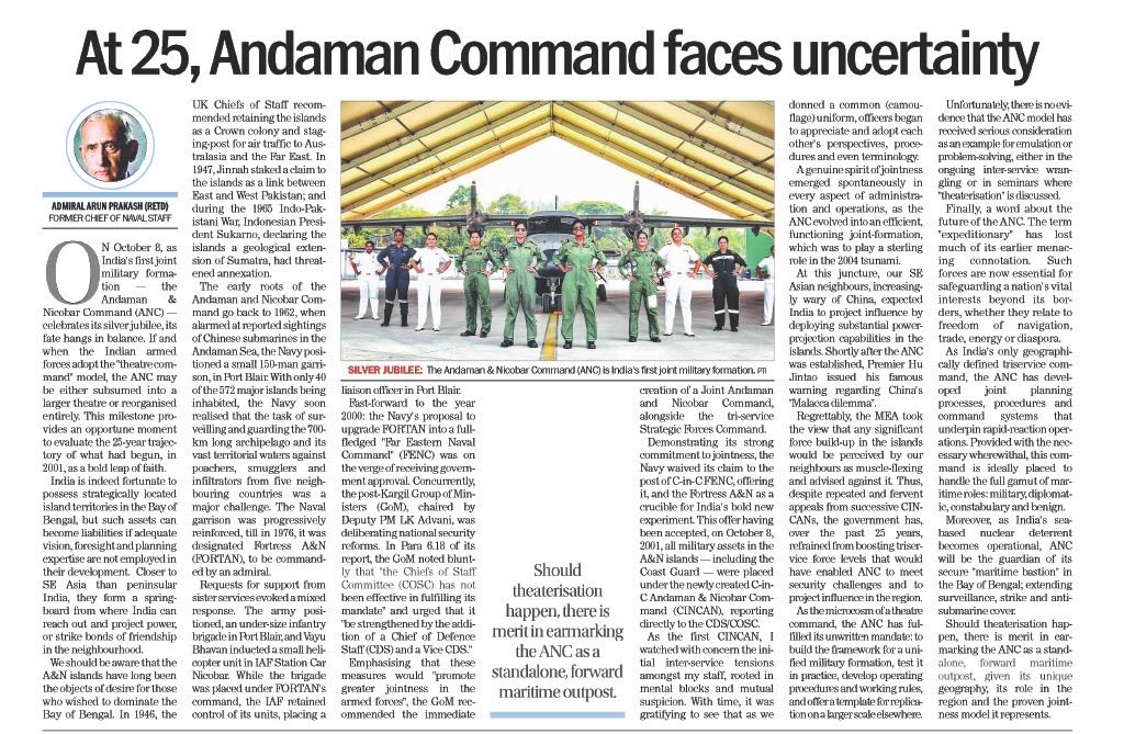 arunp2810's tweet photo. On 8th Oct the Andaman &amp; Nicobar Joint Command celebrates its silver jubilee. Some reflections in today’s Tribune. https://t.co/tbN3GUw6bb
