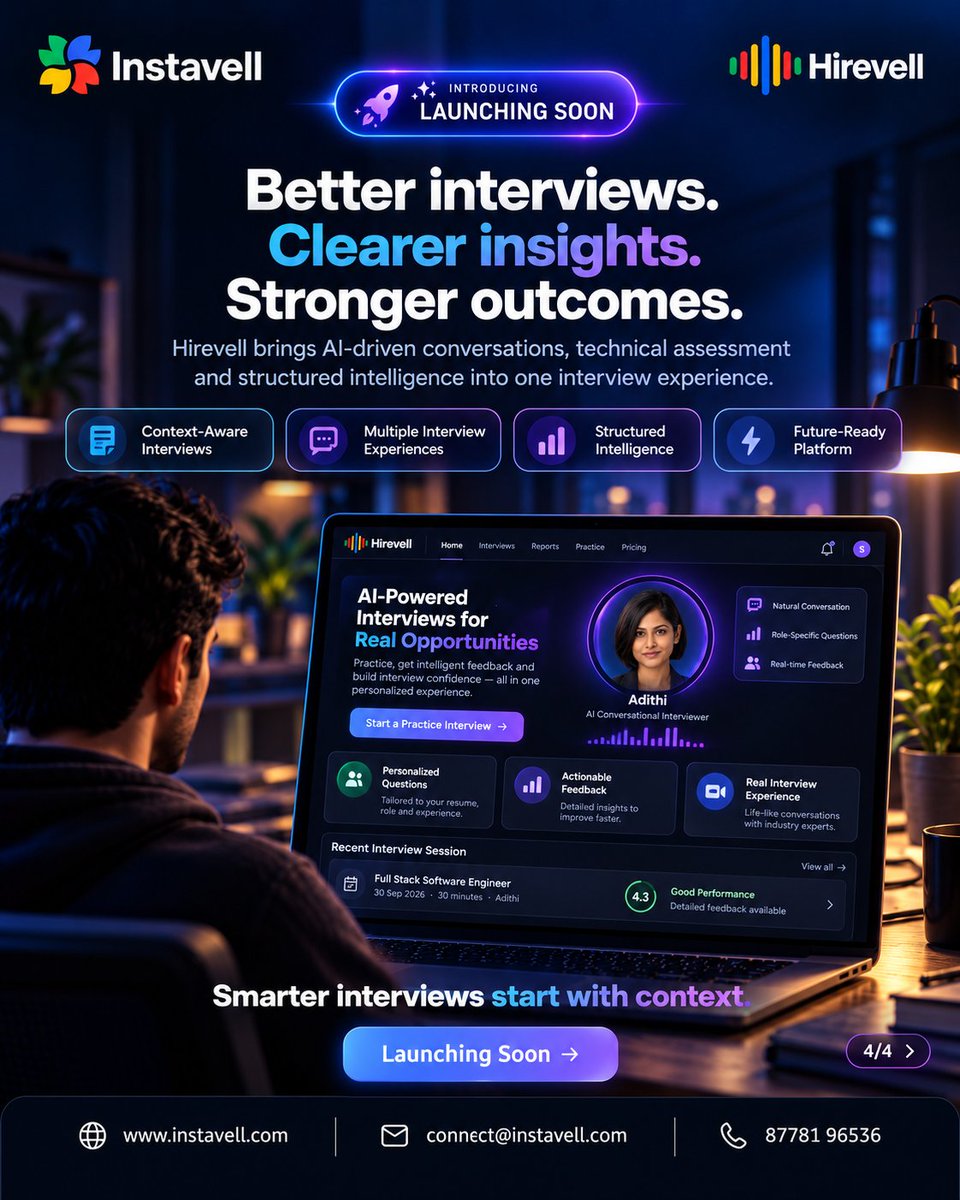 instavelltech's tweet photo. Personalised interview practice needs context.

Resume = experience.
JD = expectations.
Format = Coding, HR or Combined.

The real challenge is maintaining context across , follow-ups, transcripts and evidence based feedback not just generating questions.
#Hirevell #CareerTech https://t.co/1ebZODgLts