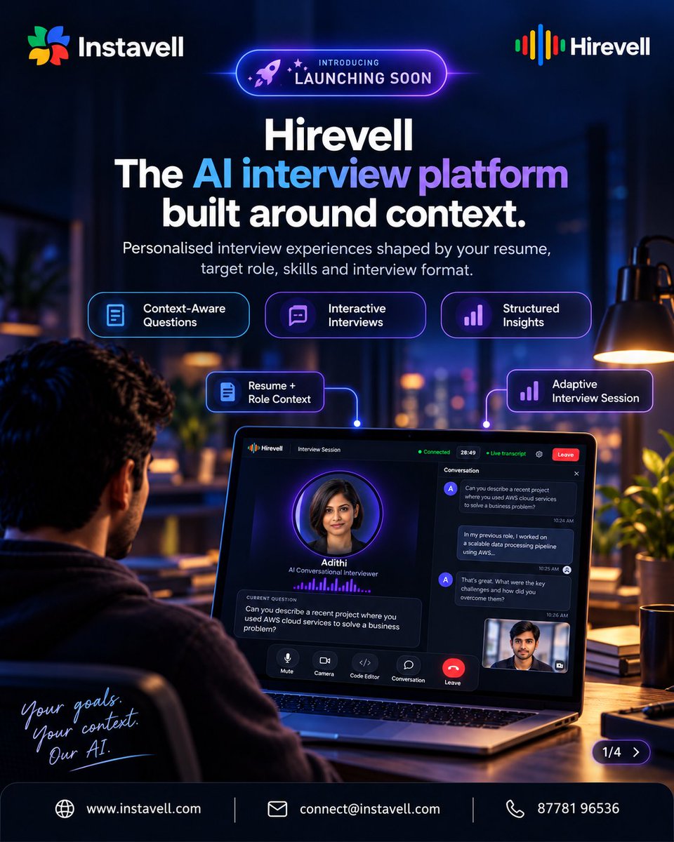 instavelltech's tweet photo. Personalised interview practice needs context.

Resume = experience.
JD = expectations.
Format = Coding, HR or Combined.

The real challenge is maintaining context across , follow-ups, transcripts and evidence based feedback not just generating questions.
#Hirevell #CareerTech https://t.co/1ebZODgLts