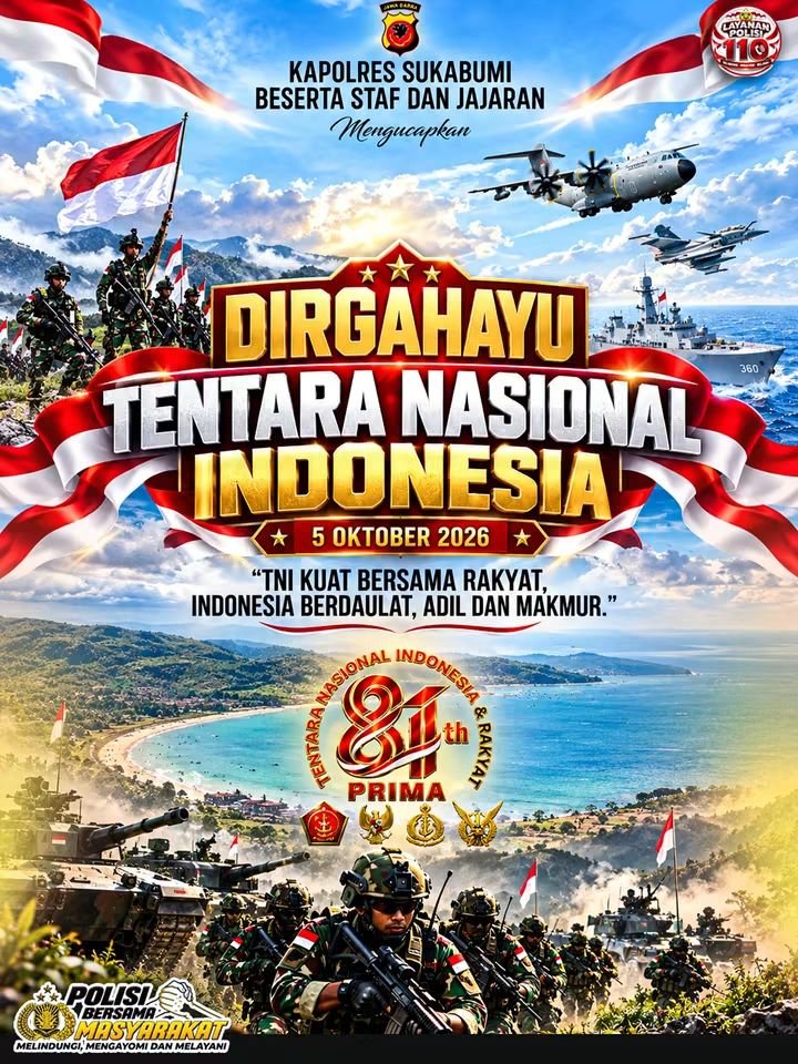 polsek_surade's tweet photo. 🇮🇩 DIRGAHAYU TNI KE-81 🇮🇩
Keluarga Besar Polres Sukabumi mengucapkan Selamat Hari Ulang Tahun ke-81 Tentara Nasional Indonesia.
“TNI Kuat Bersama Rakyat, Indonesia Berdaulat, Adil dan Makmur.”

#sinergitastnipolri #tnipolri #polribersamamasyarakat https://t.co/n2DGpk6XLc