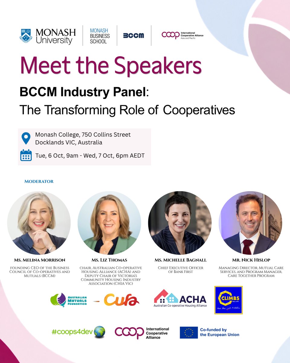 ICAAPAC's tweet photo. 🔎 What does it take to transform coops for future?

At the 20th ICA-AP Research Conf., @BCCM_AU  Industry Panel will explore how coops and mutuals are innovating.

🎙️ Liz Thomas | Michelle Bagnall | Nick Hislop
🎤 Moderator: @melina_bccm 
📍 Melbourne | 🗓️ 6 Oct
#Coops #Mutuals https://t.co/nhXxMPCIvf