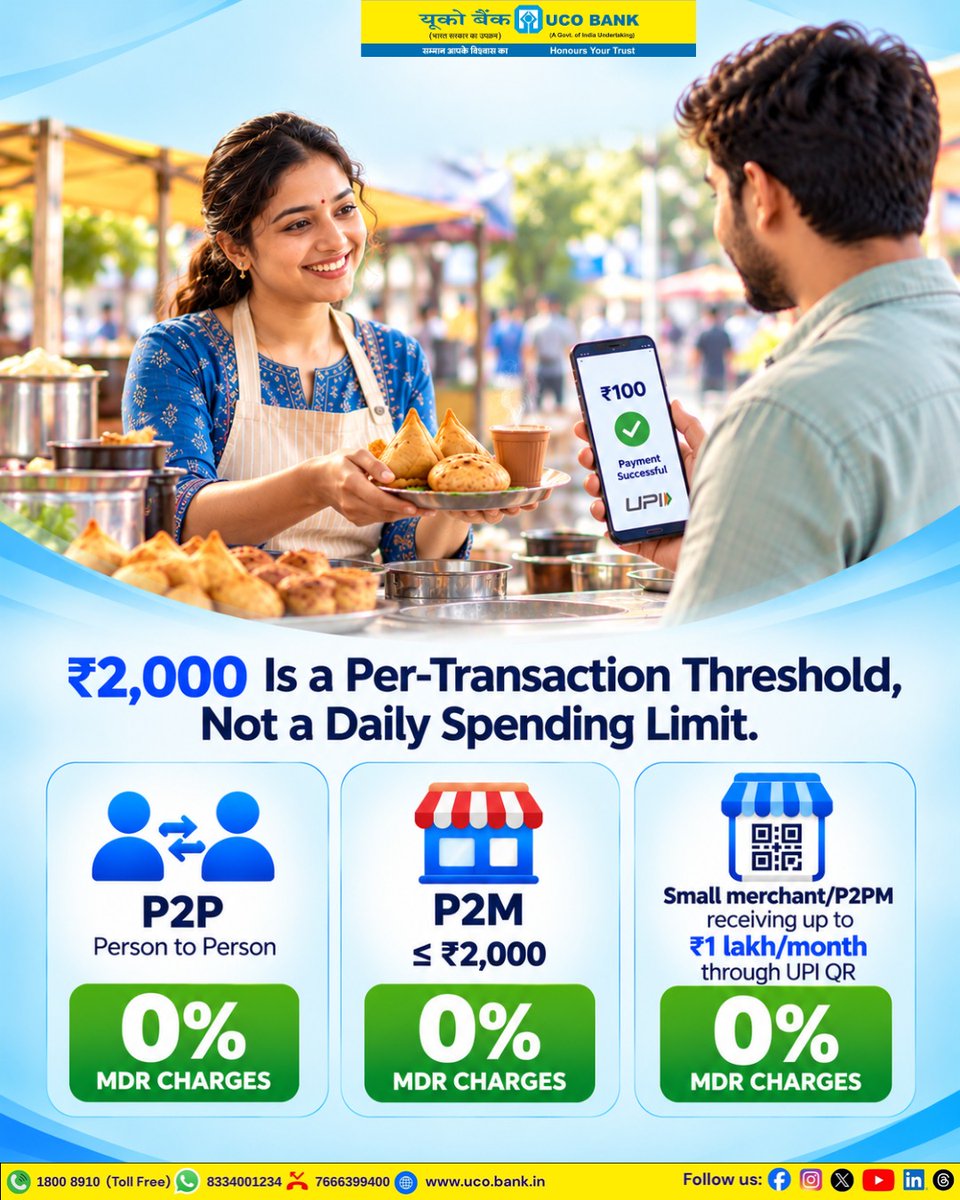 UCOBankOfficial's tweet photo. From your favourite snack stall to everyday shopping, make digital payments with confidence. Understand transaction thresholds and applicable MDR charges—stay informed with UCO Bank. 💙💛
Know the facts. Pay smart. ✅

#UCOBank #UPI #DigitalPayments #UCOgoesDigital https://t.co/I649b8vei1