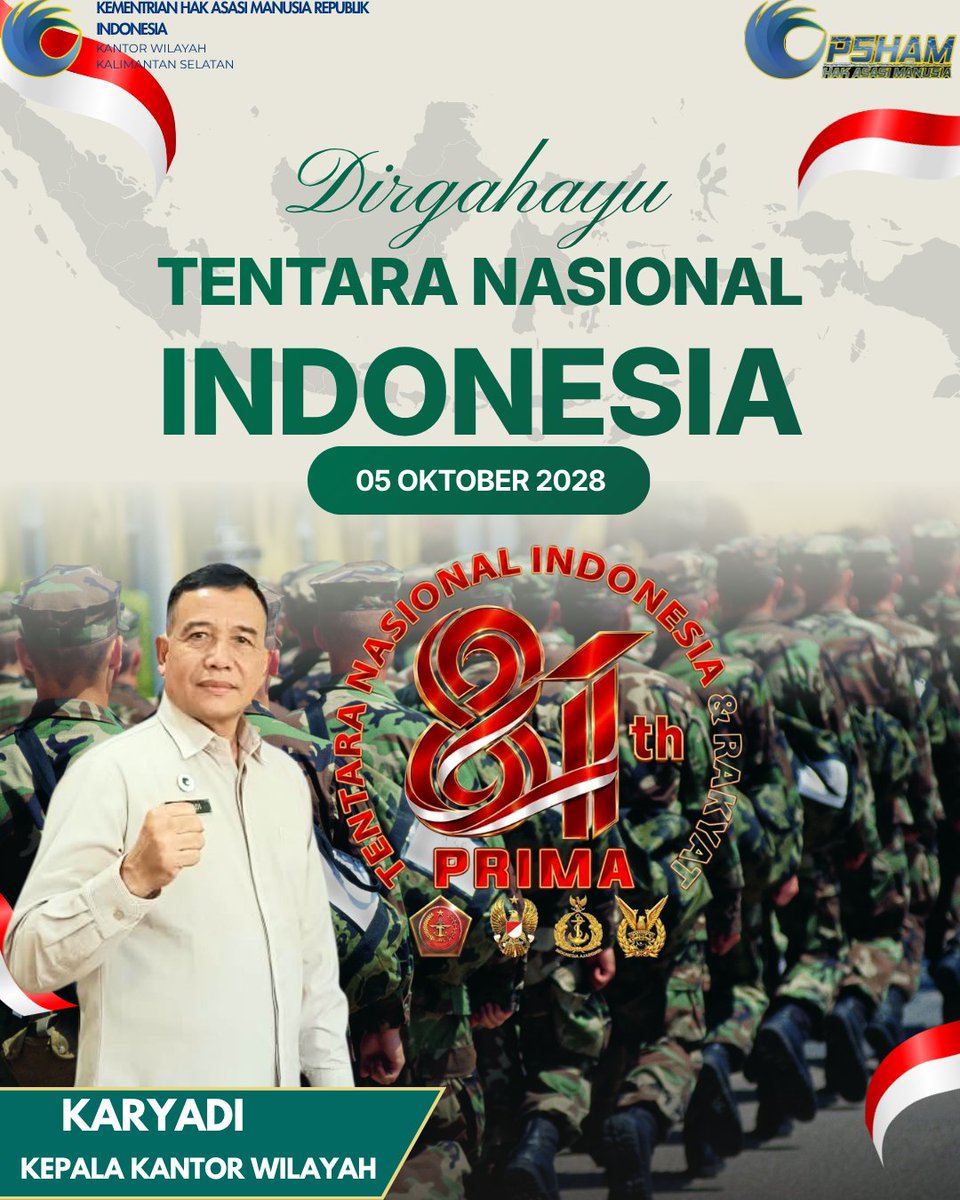 kemenhamkalsel's tweet photo. Halo Sobat HAM!!

 Dirgahayu TNI ke-81!

Terus menjadi TNI yang PRIMA: Profesional, Responsif, Integratif, Modern, dan Adaptif, serta selalu kuat bersama rakyat dalam menjaga kedaulatan dan keutuhan NKRI.

TNI Kuat Bersama Rakyat, Indonesia Berdaulat, Adil dan Makmur. https://t.co/YyJOVrXqvv