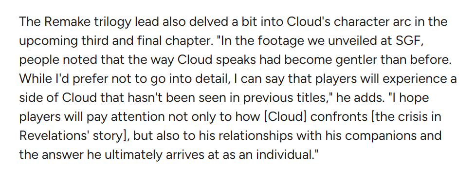 Fenrithial's tweet photo. An ANSWER that Cloud ultimately arrives at as an individual, huh? And we're told Revelation is only 1 ending with ''all the foreshadowing we planted revealed''? Everything leads to this? With Kitase hoping ''Cloud and the others FINALLY find happiness'' in FF7R? Congrats, Cloud. https://t.co/GwBbxvfWJp