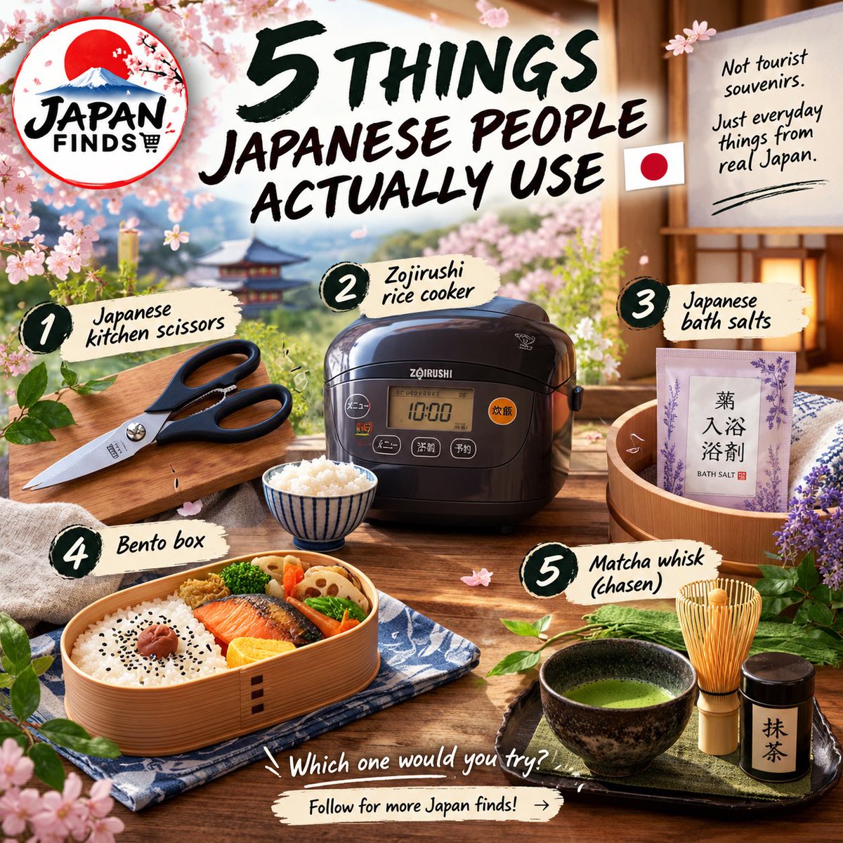 Taros200000000's tweet photo. 5 things Japanese people actually use 🇯🇵

① Japanese kitchen scissors
② Zojirushi rice cooker
③ Japanese bath salts
④ Bento box
⑤ Matcha whisk

Which one would you try? https://t.co/n1K6VjGIdY