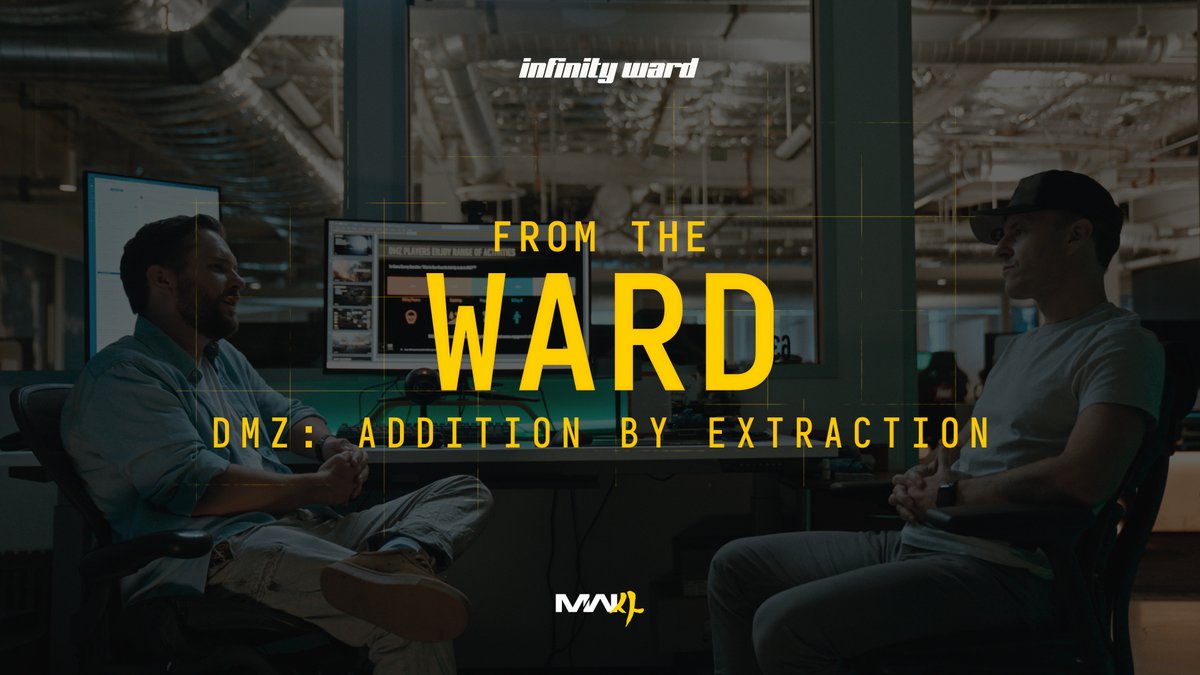 The image shows two men seated in chairs facing each other in what appears to be an industrial office setting, with overlaid text reading "infinity ward," "FROM THE WARD," and "DMZ: ADDITION BY EXTRACTION," along with the "MW2" logo at the bottom. The caption "Consider me impressed" likely reflects a reaction to the insights or discussion shared in this Infinity Ward interview about the DMZ game mode.
