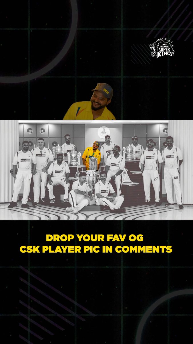 A man in a yellow CSK shirt poses above a trophy celebration photo of the Chennai Super Kings squad, with the text "DROP YOUR FAV OG CSK PLAYER PIC IN COMMENTS" prompting fans to share their favorite original team member photos. The CSK logo appears in the top right corner, tying the nostalgic fan engagement to the beloved IPL franchise.