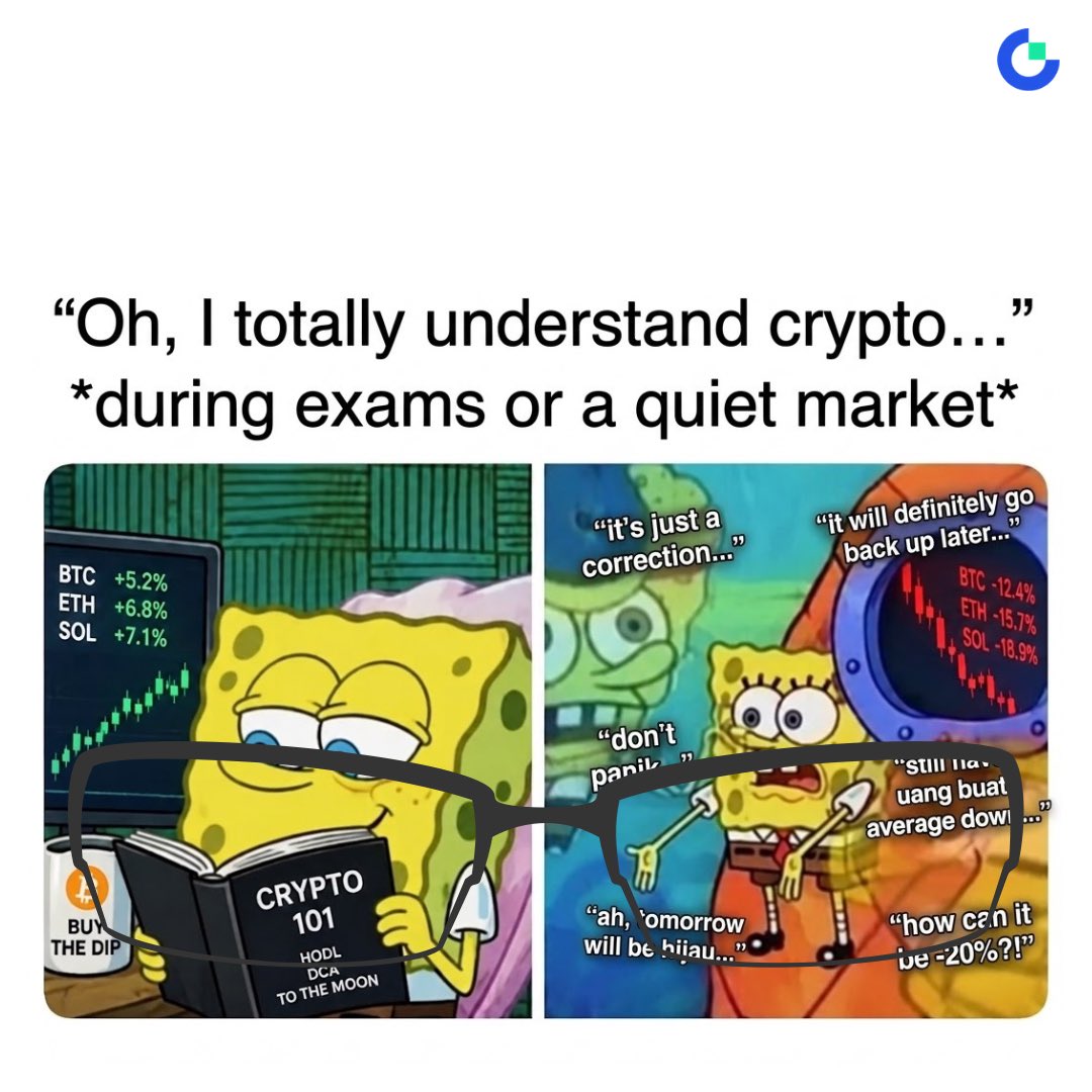 Gate_TVnews's tweet photo. Me when the market is green:
“Easy. Just HODL, DCA and buy the dip. 😎📈”

Me when the market suddenly dumps:
“It’s just a correction… right? 😭📉”

Crypto teaches you one thing: theory is always easier than practice. 😂

#Bitcoin #CRYPTOAI #BTC #CryptoMeme https://t.co/oLavIJaB3d