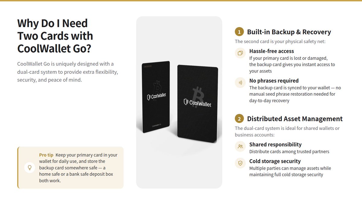 coolwallet's tweet photo. Why Do I Need Two Cards with CoolWallet Go?
CoolWallet Go is uniquely designed with a dual-card system to provide extra flexibility, security, and peace of mind. https://t.co/UovwkLBCsG