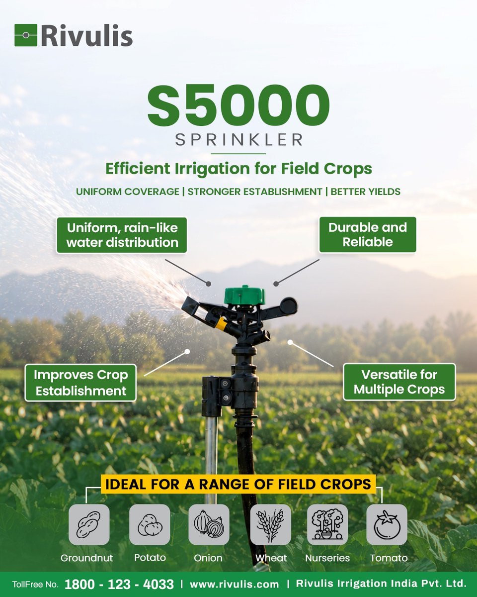 Rivulis_in's tweet photo. 💧 Rivulis S5000 Sprinkler — delivering precise watering, optimal nutrition and wide, uniform coverage for healthier crop development.

Precision That Supports Every Bulb. 🌱

#Rivulis #GrowBeyond #S5000Sprinkler #OnionFarming #PrecisionIrrigation https://t.co/6EAoo68tyx