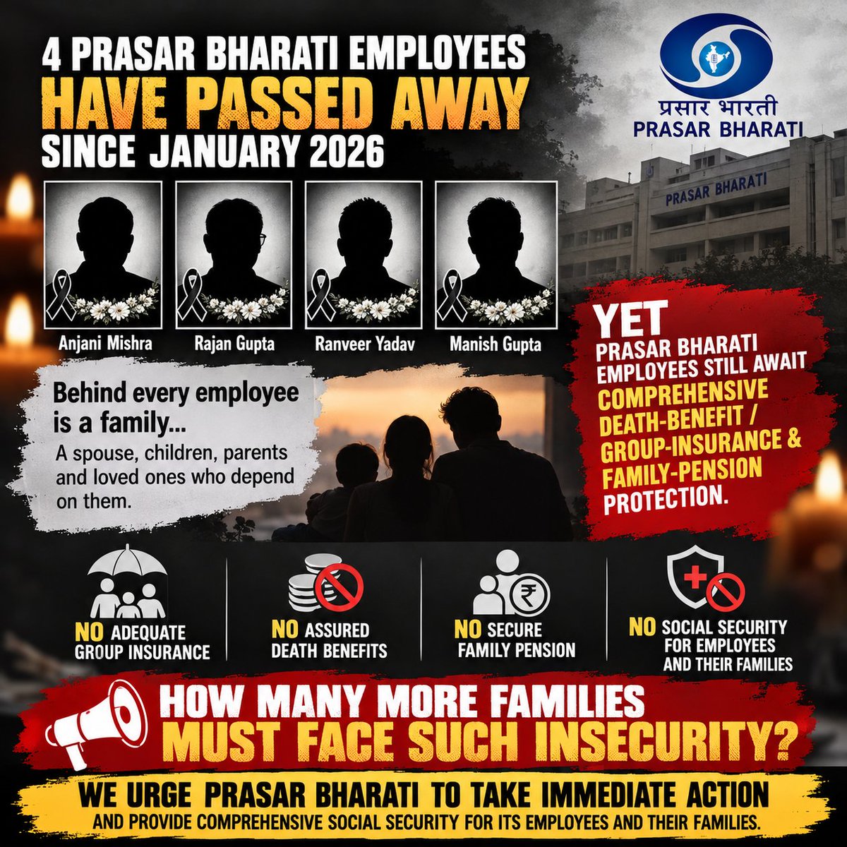 APBEE2018's tweet photo. 4 Prasar Bharati employees have passed away since Jan 2026. Behind every employee is a family. Yet PB employees still await comprehensive death-benefit/group-insurance & family-pension protection. How many families must face such insecurity? We urge immediate action.
Anjani mishra
Rajan Gupta
Ranveer yadav
Manish Gupta
@prasoonjoshi_ @GauravDwivedi95 @AshwiniVaishnaw 
#5octblackdayPBEmployees #Stop_Discrimination_with_PB_Employees