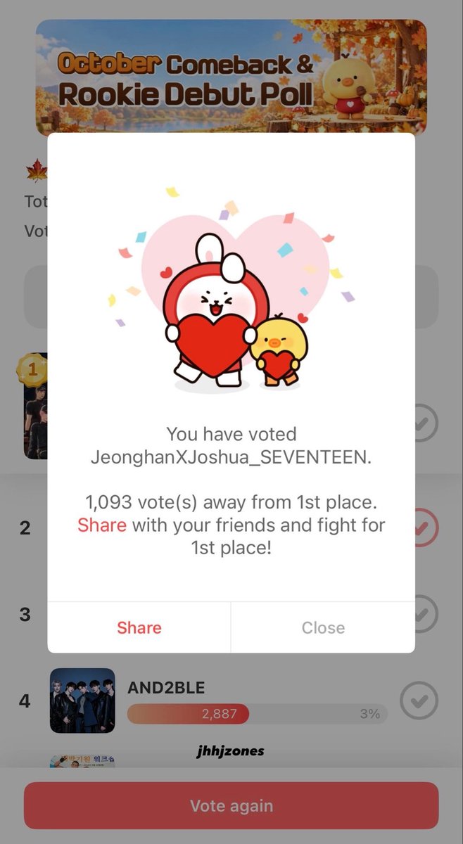 jhhjzones's tweet photo. hello carats! please kindly qrt this if you’ve voted for jeonghan x joshua on choeaedol today! 

let’s bring jxj back to #1! 🤍 https://t.co/RfMRDkOkjs