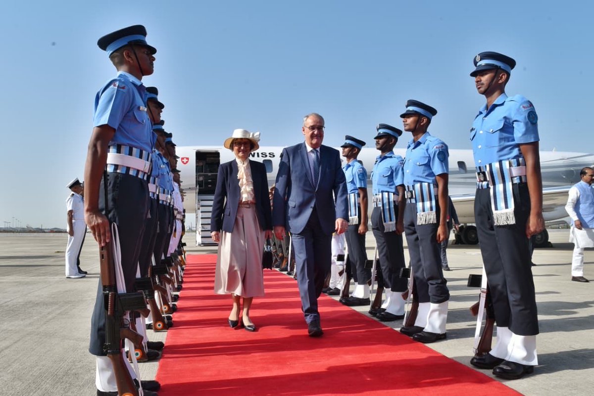MEAIndia's tweet photo. A warm welcome to India!
 
President Guy Parmelin @ParmelinG of the Swiss Confederation has arrived in New Delhi on a State Visit to India. 
 
President Parlmelin was accorded a ceremonial Static Guard and was warmly received by MoS @AjayTamtaBJP at the airport.
 
President Parmelin’s visit will further strengthen the bilateral partnership between 🇮🇳 and 🇨🇭.