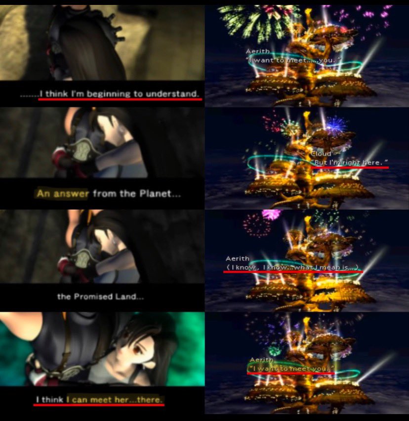 Fenrithial's tweet photo. An ANSWER that Cloud ultimately arrives at as an individual, huh? And we're told Revelation is only 1 ending with ''all the foreshadowing we planted revealed''? Everything leads to this? With Kitase hoping ''Cloud and the others FINALLY find happiness'' in FF7R? Congrats, Cloud. https://t.co/GwBbxvfWJp