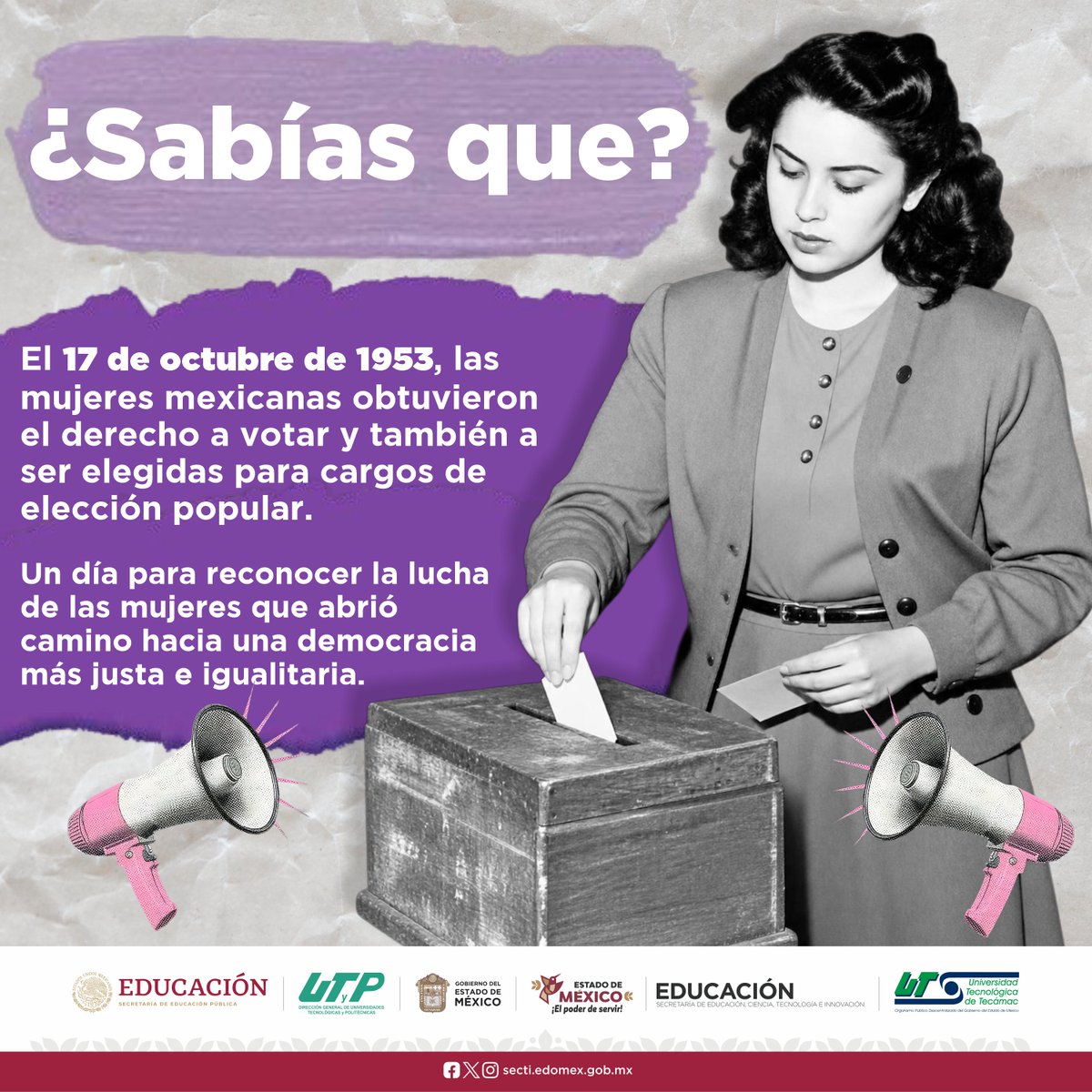 UTTECoficial's tweet photo. ⚖️ 17 de octubre de 1953 | Igualdad de derechos para la mujer mexicana 📜
El voto femenino no fue regalo, fue conquista. Cuidar la democracia también es honrar su lucha. #VotoFemenino #Igualdad #OrgulloUTTEC https://t.co/6keSh5oCk2