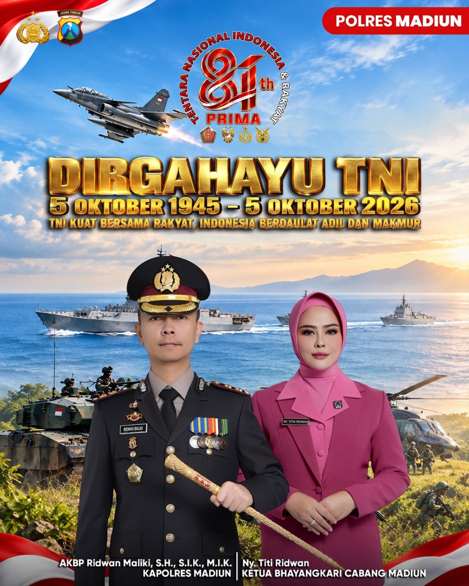 XPolsekkare's tweet photo. DIRGAHAYU TNI KE-81
5 Oktober 1945 โ 5 Oktober 2026
Semangat pengabdian dan sinergi TNI bersama Polri menjadi kekuatan dalam menjaga keutuhan NKRI.
#DirgahayuTNI #TNIKe81 #TNIKuatBersamaRakyat #SinergitasTNIPolri #PolresMadiun #JagaMadiunBersama https://t.co/E9bpQbH3EL