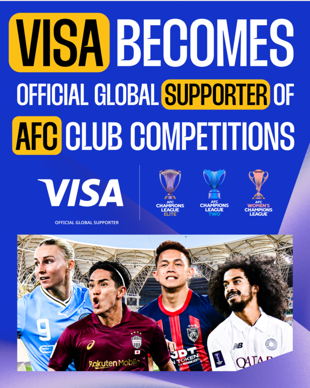 theafcdotcom's tweet photo. A partnership that keeps growing 🤝

Visa named Official Global Supporter of the #ACLElite, #ACLTwo and #AWCL 🏆

#VISA https://t.co/Yc2nNuTjj4