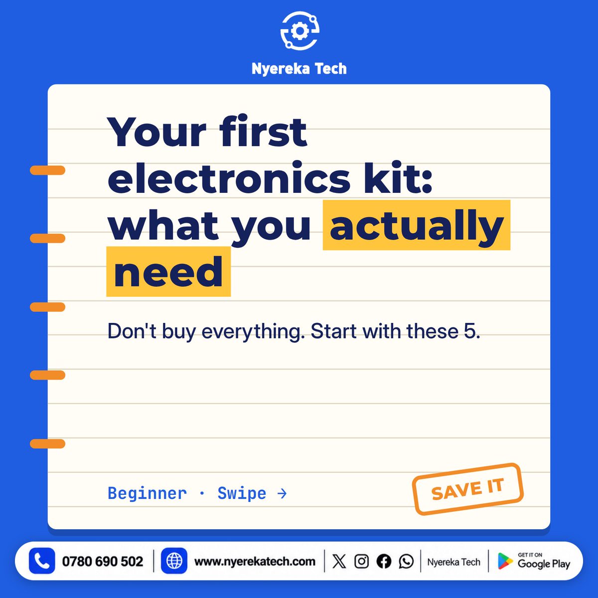 nyerekatech's tweet photo. Starting in electronics? 

You don't need to buy everything. 
5 things to start: a board, breadboard + jumper wires, LEDs + resistors, an LCD, a few sensors. Or get 40+ experiments in one kit: InnoKit MPK A100. https://t.co/htK3Eb33xF 

#Arduino #Electronics https://t.co/wGtgDatH9R