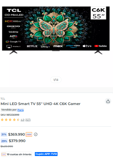MichiOfertasCL's tweet photo. CYBER PARIS: Mini LED Smart TV 55'' UHD 4K C6K Gamer por $341.990 usando cupon tv10 en paris.

Link directo: https://t.co/M132CYKN7w

#oferta #gaming #tv #cyberday https://t.co/GAqViQZKqO