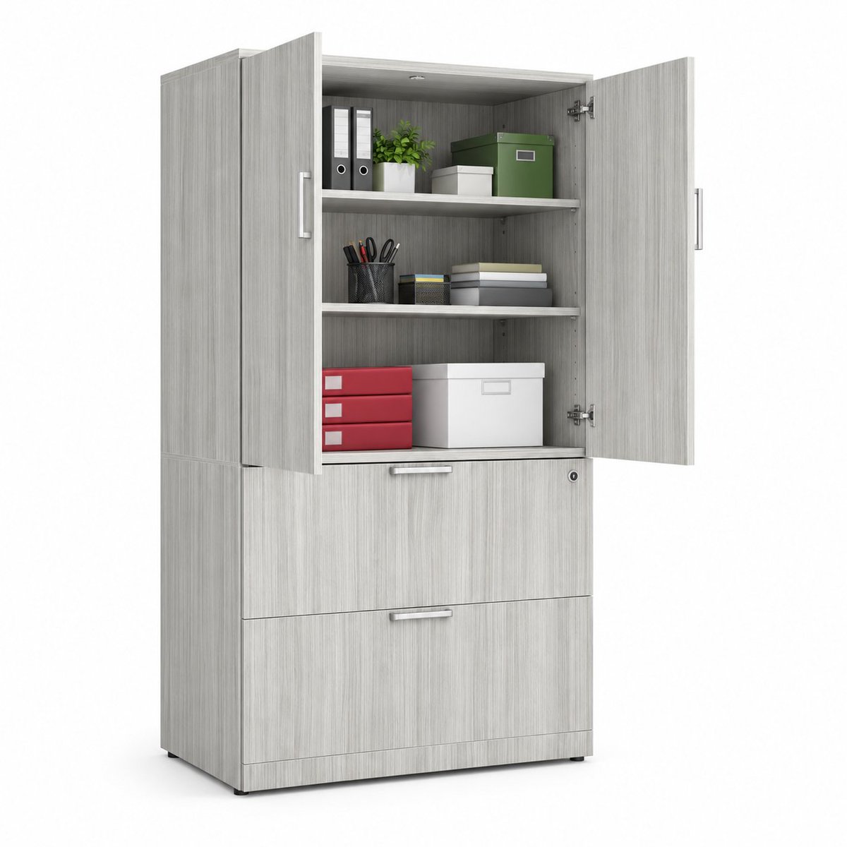 EZcubicles's tweet photo. This versatile office #storage cabinet combines clean, modern styling with practical organization. Its light woodgrain finish includes adjustable interior shelves, enclosed upper storage, and spacious lower filing compartments. https://t.co/ReJfvaSTNj. https://t.co/QUcL5uckW5
