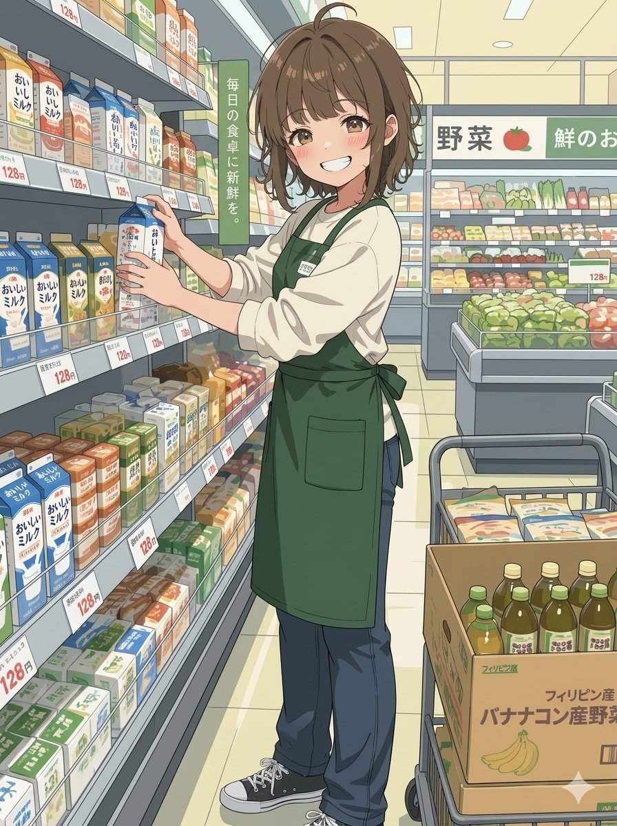 cyan_evolve70's tweet photo. 朱音(あかね)は午後からスーパーで品出しのバイトしてまぁ〜す😃大食いなので、食費を稼いでますよ🍱🍚実はこの後、とんでもないことがありました💦😅なんと!😳
#AIイラスト
#食品スーパー
#バイト
#parttimejob https://t.co/AYCkHr068J