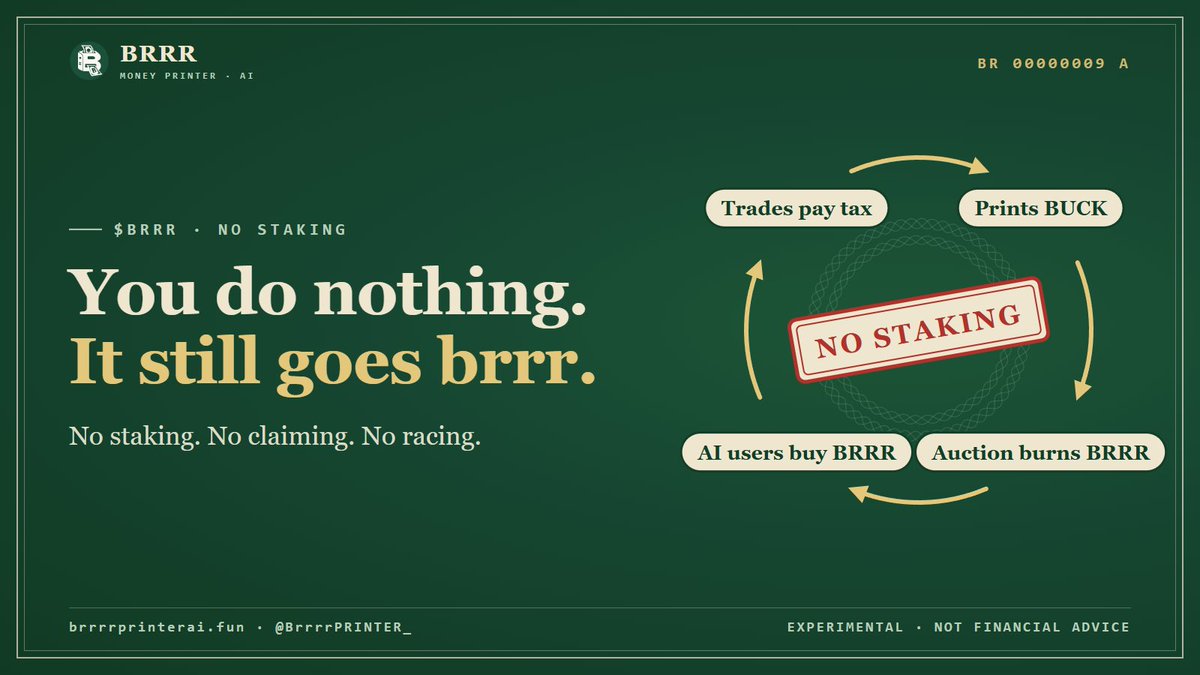 BrrrrPRINTER_'s tweet photo. Holding $BRRR? You don't have to do a thing.

No staking. No claiming. No racing.
Traders pay the tax. AI users buy BRRR to win BUCK, and every BRRR they pay gets burned. The Reserve keeps stacking BNB.

The printer runs itself 🖨️
#memecoin https://t.co/AM74nyxC4N
