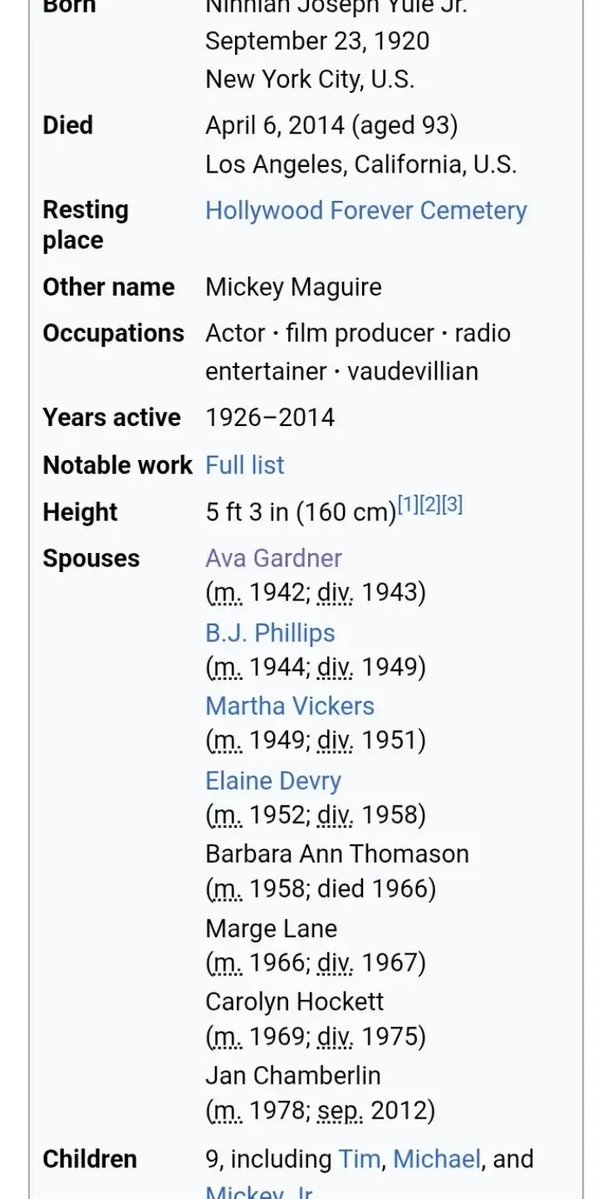 uk07424102015's tweet photo. American actor Mickey Rooney at a height of only 5ft 2inches outdid both Monarch Henry 8th of England &amp; US/ UK Actor Cary Grant, who were both around 6ft 2inches tall, by having more wives &amp; children awell as outliving (upto 93 years) them!
He had a total of 8 wives &amp; 9 children. https://t.co/yxPi10jtPc