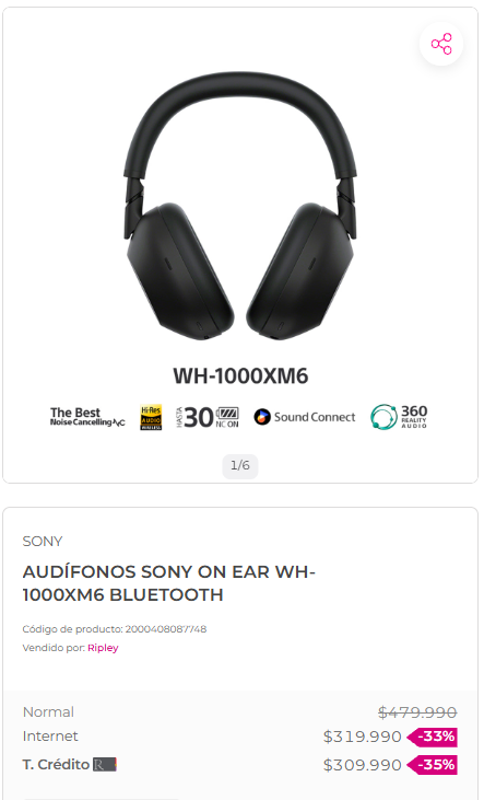 MichiOfertasCL's tweet photo. CYBER: Audífonos Bluetooth Noise Cancelling WH-1000XM6 Negro por $319.990 en Ripley, Paris y Lider.

Link directo a cada una de ellas:

Paris: https://t.co/Qs9Hlktw2W

Ripley: https://t.co/XDukD21WRe

Lider: https://t.co/kn3zLY5omb

#oferta #cyberday #audifonos #oferta https://t.co/95m3LJhJoO