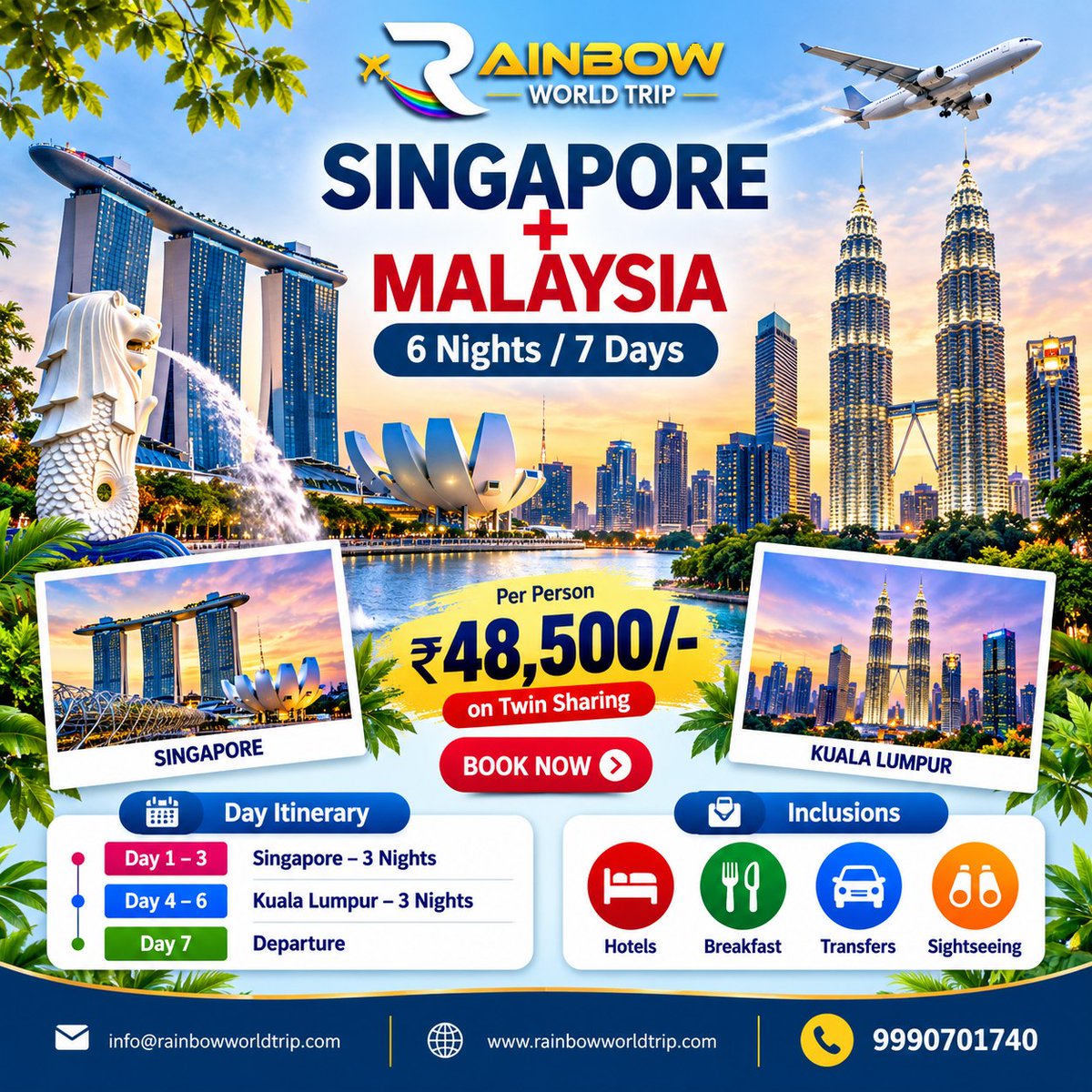 AleksGabryell's tweet photo. Singapore + Malaysia: two destinations, one unforgettable trip. 6 Nights/7 Days with 3 nights in Singapore and 3 in Kuala Lumpur. Includes hotels, daily breakfast, transfers and sightseeing. From ₹48, 500 per person on twin sharing. Limited seats. https://t.co/4tJ3KAxrt8