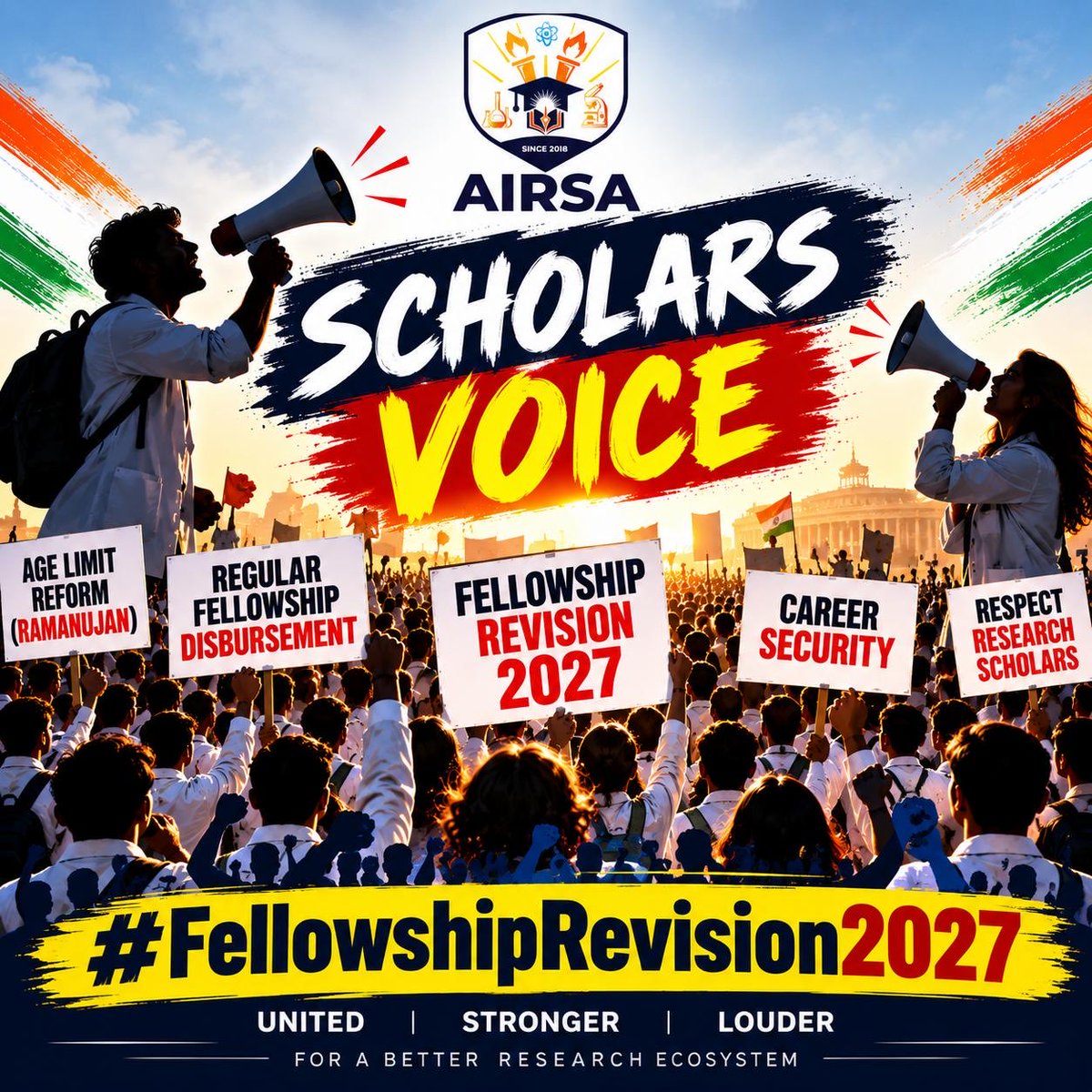 AIRSAIndia's tweet photo. #Scientific leadership must be accountable. #Since 2014, fellowship revision and timely disbursement remain unresolved. #FellowshipRevision2027
Even after AIRSA’s 20 Aug 2026 meeting with @AjaySoodIISc we still await a response.
@DrJitendraSingh @EduMinOfIndia  @FinMinIndia https://t.co/WmoWe48d35
