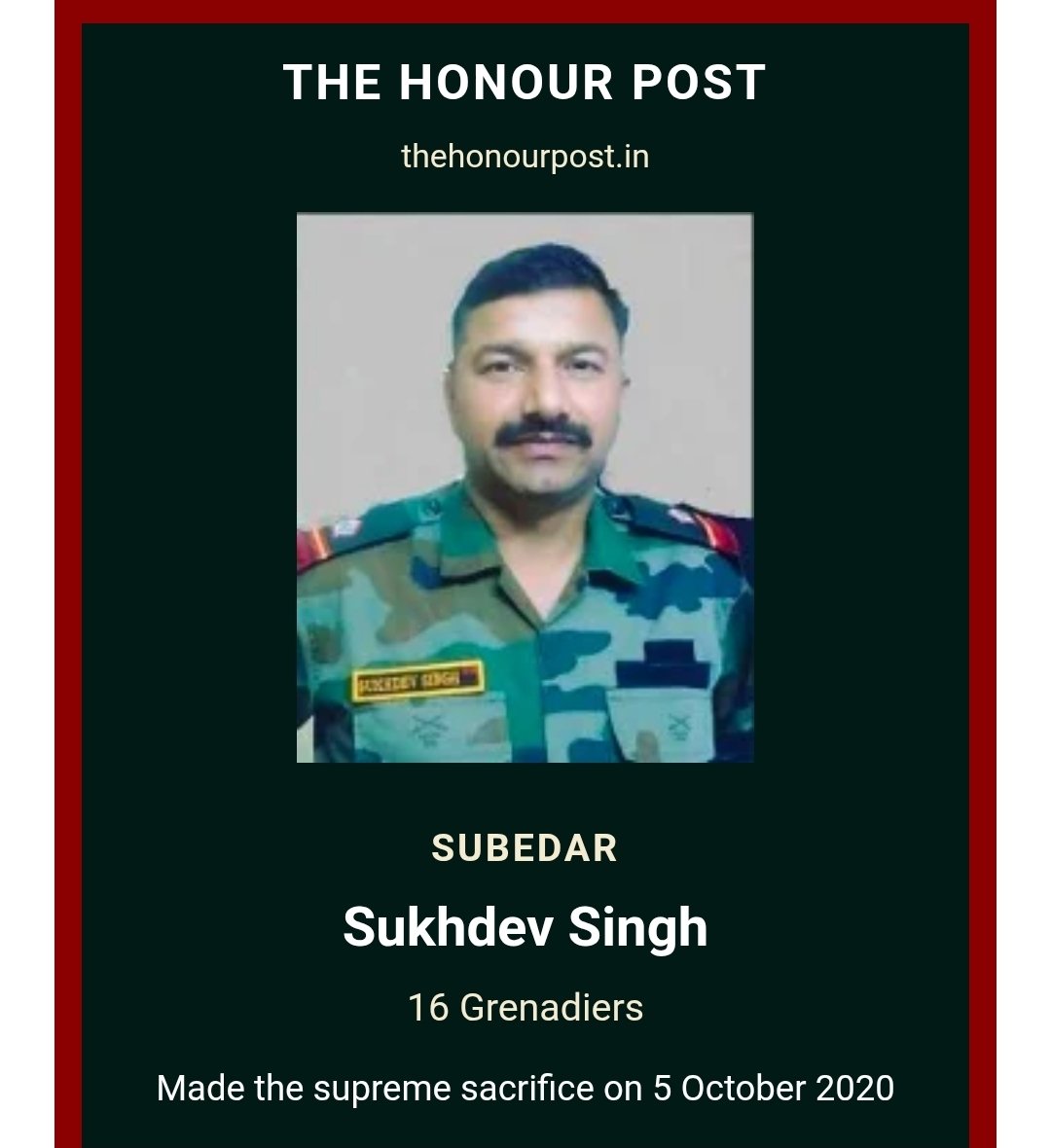 Thehonourpost's tweet photo. #knowyourheroes

The Braveheart of 16 Grenadiers

#Thisday
In 2020
Subedar Sukhdev Singh made the supreme sacrifice in the line of duty on 5 October 2020 at Nowshera, Rajouri, Jammu &amp; Kashmir.

#TheHonourPost

https://t.co/UCin5yKtQw https://t.co/raSPKbe2Ki