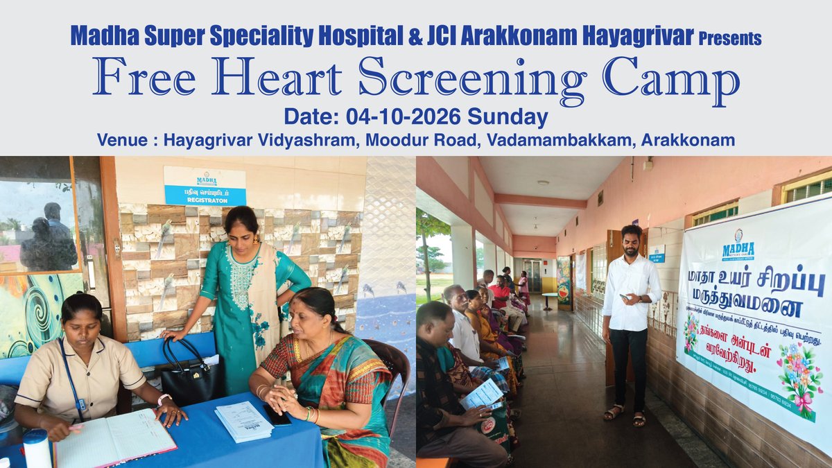 SMmcri's tweet photo. Free Cardiology Screening Camp at Arakkonam Hayagrivar Vidhyasram on 04-10-2026. Thanks to all participants.
Organised by Madha Super Speciality Hospital , JCI Arakkonam Hayagrivar Vidhyashram
#MMCRI #MadhaMedicalCollege #MadhaHospital  
#Cardiology #CardioScreeningCamp https://t.co/L18epTnx0t