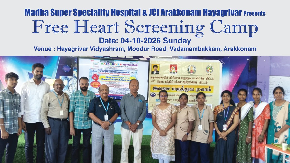 SMmcri's tweet photo. Free Cardiology Screening Camp at Arakkonam Hayagrivar Vidhyasram on 04-10-2026. Thanks to all participants.
Organised by Madha Super Speciality Hospital , JCI Arakkonam Hayagrivar Vidhyashram
#MMCRI #MadhaMedicalCollege #MadhaHospital  
#Cardiology #CardioScreeningCamp https://t.co/L18epTnx0t