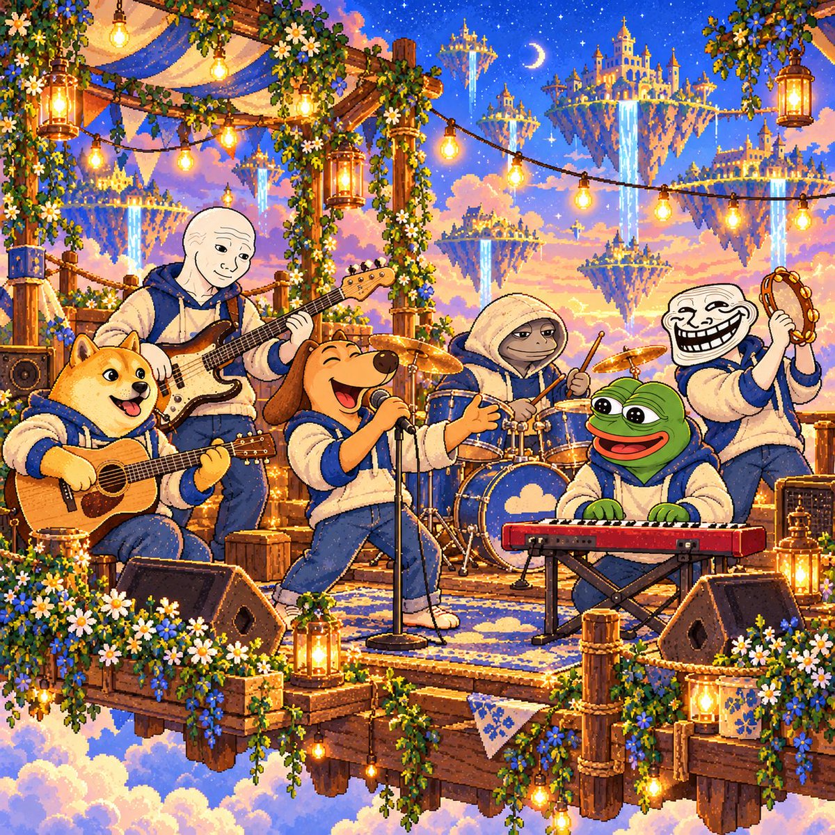 TheMemeAgencies's tweet photo. Doge brings the chords, Pepe brings the melody, and Trollface insists the tambourine needs a solo—Meme Agency is live above the clouds. 🎶☁️ 

#MemeAgency https://t.co/ZHtTCkCJ9k