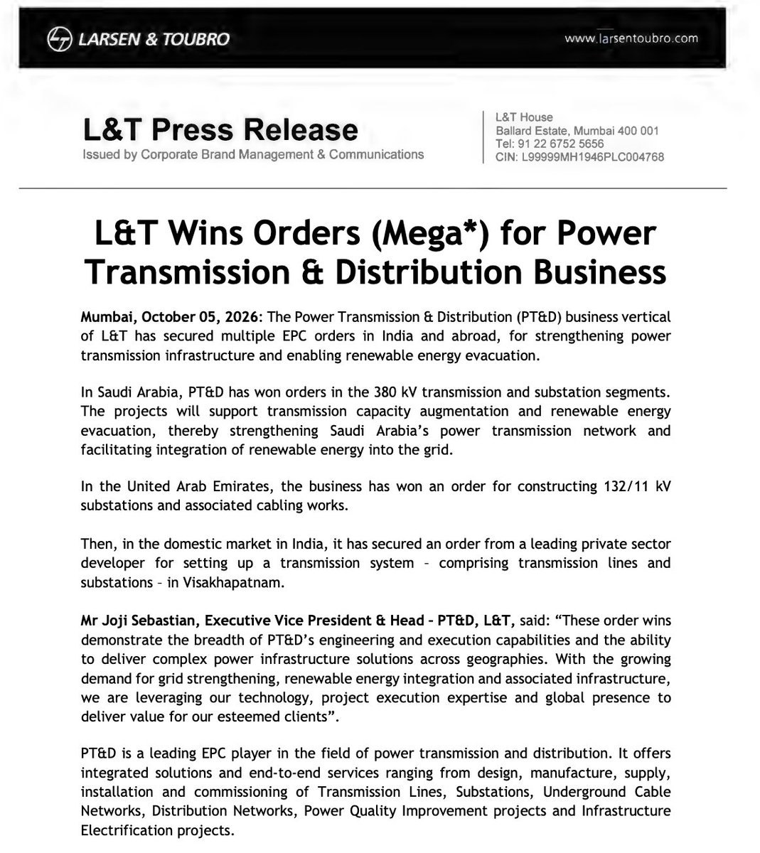 AimInvestments's tweet photo. L&amp;T Wins Orders (Mega) for Power Transmission &amp; Distribution Business from Middle East and India https://t.co/t1ft3TaqAz