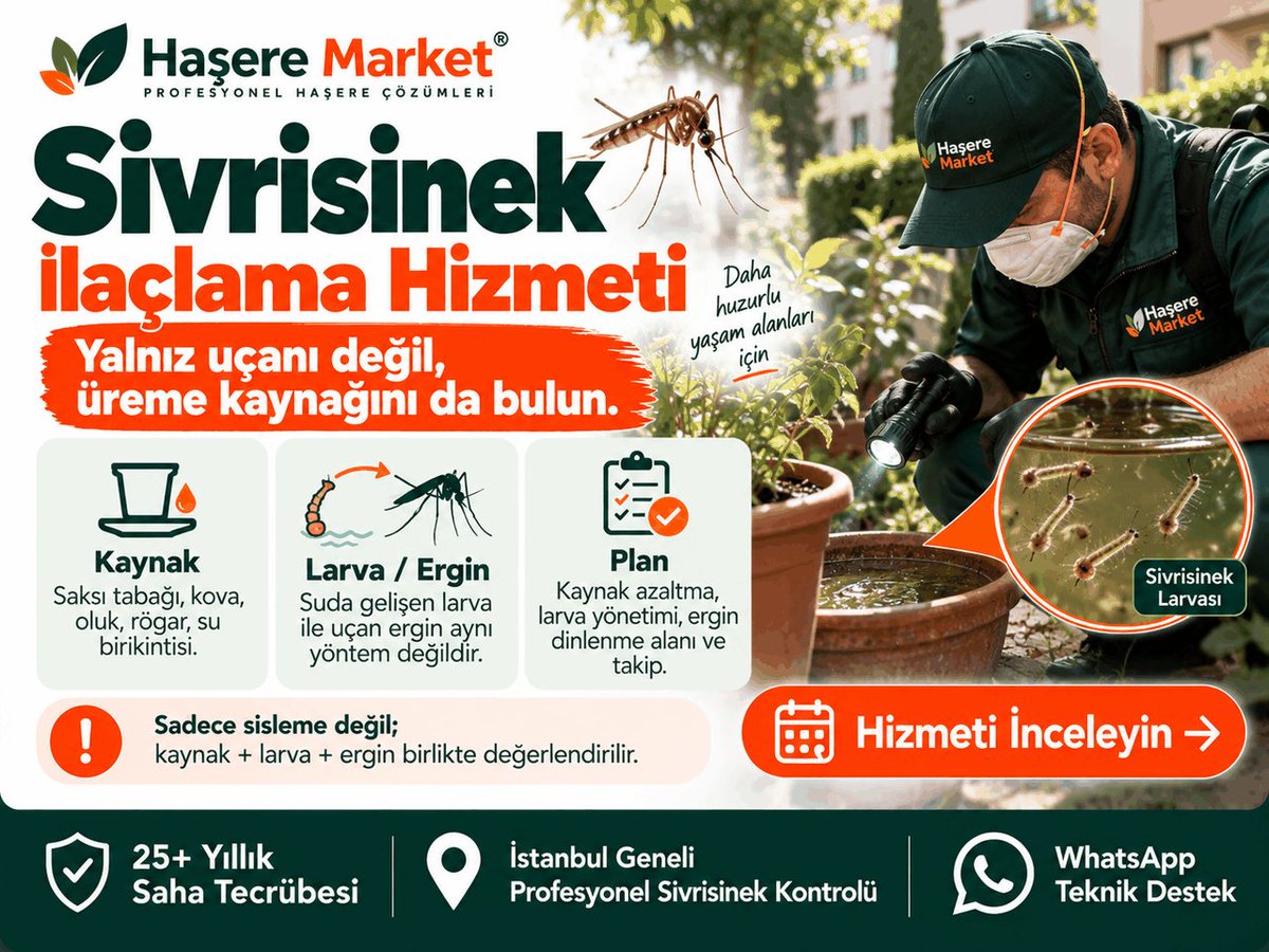 haseremarket's tweet photo. 🦟 SİVRİSİNEK İLAÇLANIYOR AMA YİNE Mİ GELİYOR?

Bahçede, sitede veya işletmede yalnız uçan sivrisineği azaltmak geçici rahatlama sağlayabilir.

💧 Saksı tabağı, kova, oluk veya rögar su tutuyor mu?
🧬 Suda larva görülüyor mu?
🌿 Yoğun bitki ve gölgeli alanlarda erginler dinleniyor mu?
🏢 Çevrede ortak alan veya komşu kaynak var mı?

Profesyonel sivrisinek kontrolünde hedef yalnız havadaki ergin değildir.
✅ Üreme kaynağı
✅ Larva dönemi
✅ Ergin dinlenme alanı
✅ Çevreden yeniden giriş
birlikte değerlendirilir.

🎯 Doğru soru “hangi ilaçla sisleme yapalım?” değil, “sivrisinek nerede ürüyor ve hangi evreyi hedefliyoruz?” sorusudur.

📍 İstanbul Geneli Profesyonel Sivrisinek İlaçlama
🛡️ 25+ yıllık saha tecrübesi

👉 Detaylar:
https://t.co/VGC273kunF

#Sivrisinek #Sivrisinekİlaçlama #HaşereMarket

Google'da Haşere Market
https://t.co/JHu9eequMZ