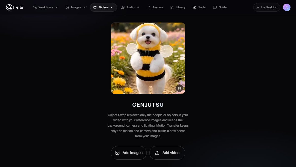 ruach_Han's tweet photo. Swap the actor. Keep the shot.

Genjutsu is now in Iris: replace people or objects in a video with your own images while the background, camera and lighting stay put. Or keep only the motion and build a new scene around it.

https://t.co/youTobb2gu https://t.co/GgO6rh2A4J